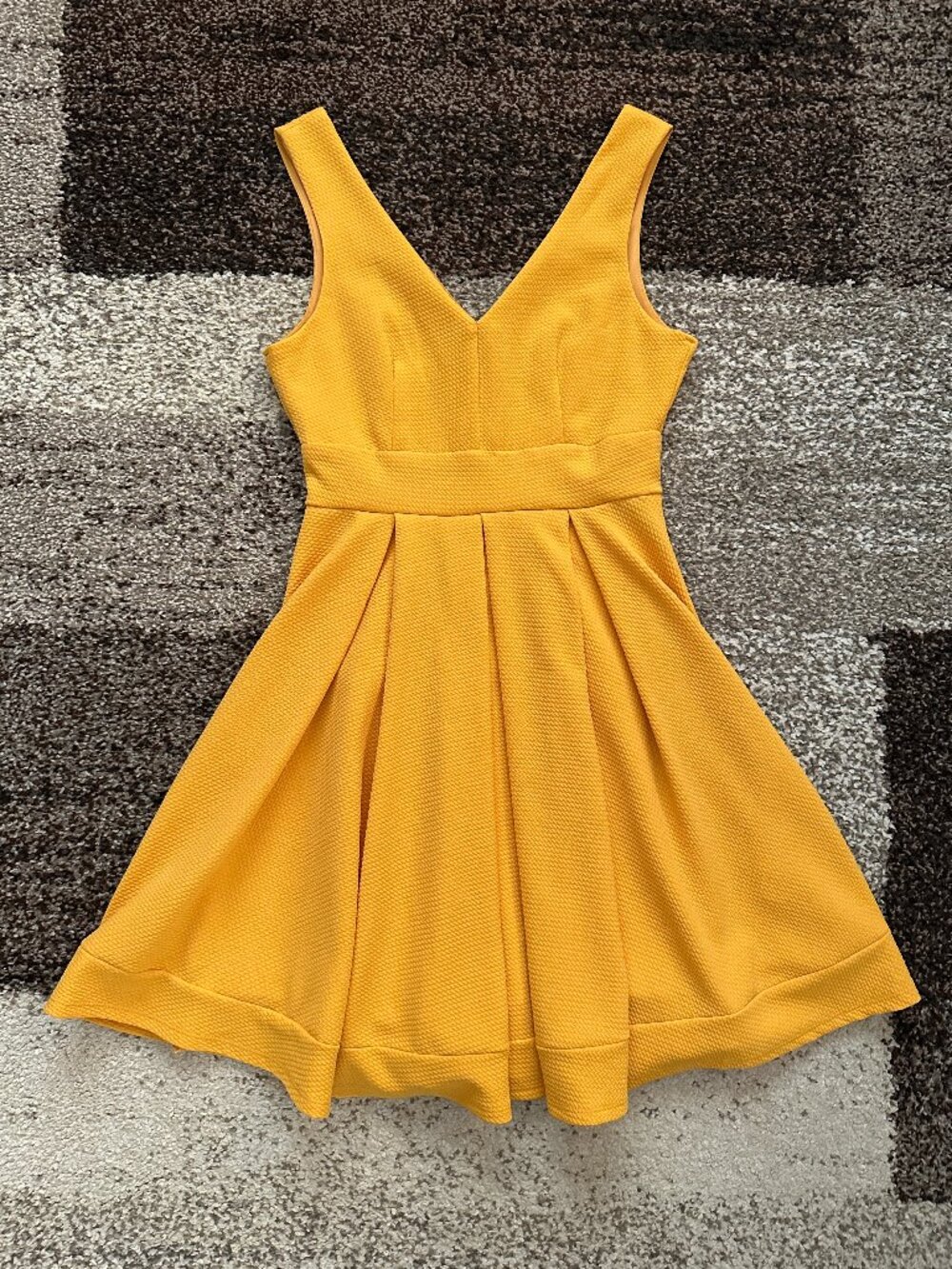 Yellow Dress (S) Fit & Flare Dress Mustard Marigold Waffle V-Neck Mini Knee Cute